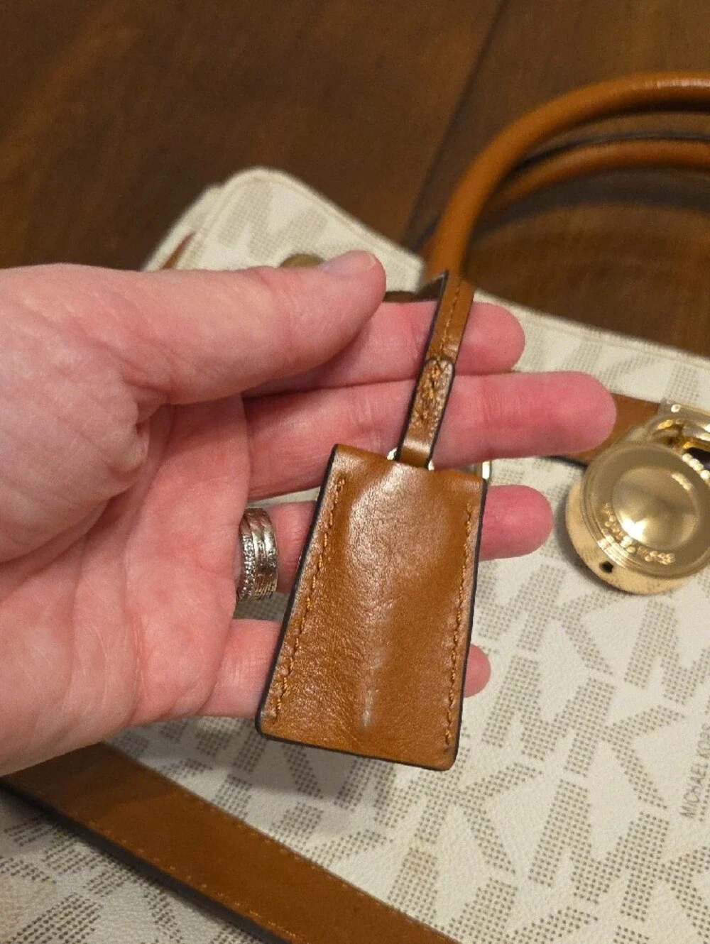 Michael Kors White & Tan Signature Satchel with Gold Hardware